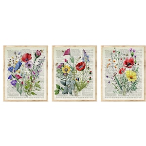 Watercolor Wildflowers Printed On 125+ Year Old Dictionary Pages, Colorful Floral Wall Art Set Of 3, Botanical Decor, Farmhouse, Cottagecore