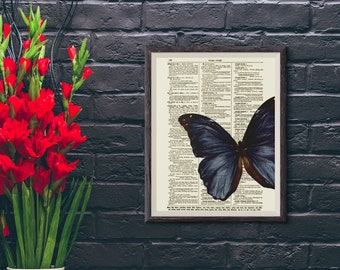 Black Butterfly Printed On An Antique Upcycled 125+ Year Old Dictionary Page, Dark Academia Aesthetic, Moody Gothic Wall Decor Valentine Art