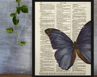 Obsidian Butterfly On An Antique 125+ Year Old Dictionary Page, Blue Black Butterfly Upcycled Art, Dark Cottagecore, Gothic Wall Decor,