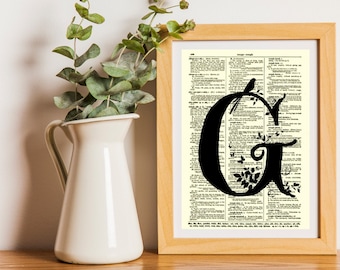 Letter G Modern Monogram on an 1897 Dictionary Page Art Print, Monogram Wall Decor