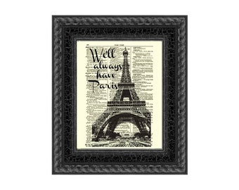 Eiffel Tower Art Print: Casablanca Quote on Antique Dictionary Page