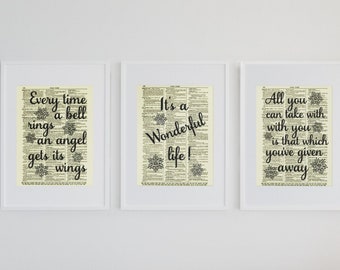 It's A Wonderful Life Quote Set Printed On Antique Dictionary Pages, Nostalgic Christmas Decor