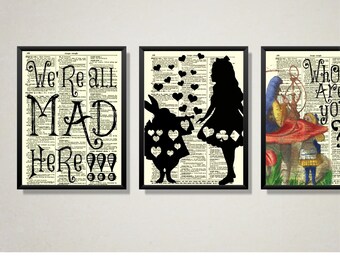 Alice in Wonderland Art Print Set: Antique Dictionary Page Decor