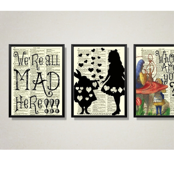 Alice In Wonderland We're All Mad Here Art Set Printed On Antique Dictionary Pages, Alice And White Rabbit Set Unique Statement Wall Decor