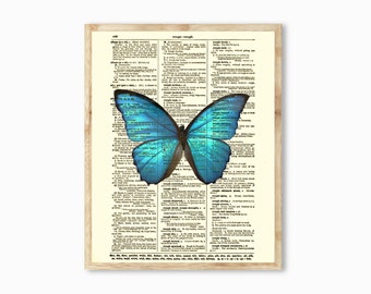 Blue Butterfly Printed On Antique Dictionary Page, Farmhouse Garden Decor, Morpho Insect Light Academia, Cottagecore Whimsy, Gift for Her