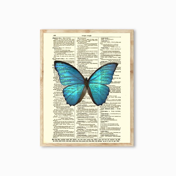 Blue Butterfly Printed On Antique Dictionary Page, Farmhouse Garden Decor, Morpho Insect Light Academia, Cottagecore Whimsy, Gift for Her