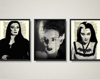 Gothic Women On Antique Dictionary Pages, Morticia Addams, Frankenstein's Bride & Lily Munster, Victorian Gothic, Vintage Halloween Decor