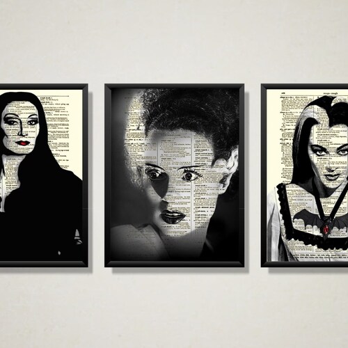 Gothic Women On Antique Dictionary Pages, Morticia Addams, Frankenstein's Bride & Lily Munster, Victorian Gothic, Vintage Halloween Decor