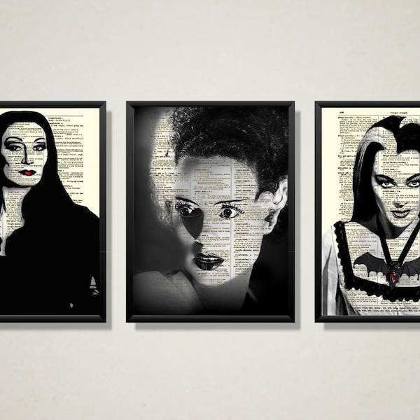 Femmes gothiques sur des pages de dictionnaire antiques, Morticia Addams, la mariée de Frankenstein et Lily Munster, gothique victorien, décoration d'Halloween vintage