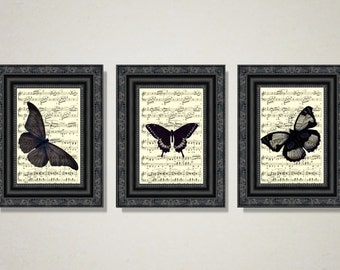 Black Butterfly Print Trio: Upcycled Antique Music Page Gothic Wall Art