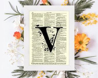 Letter V Monogram With A Modern Twist Printed On An Upcycled Antique Dictionary Page