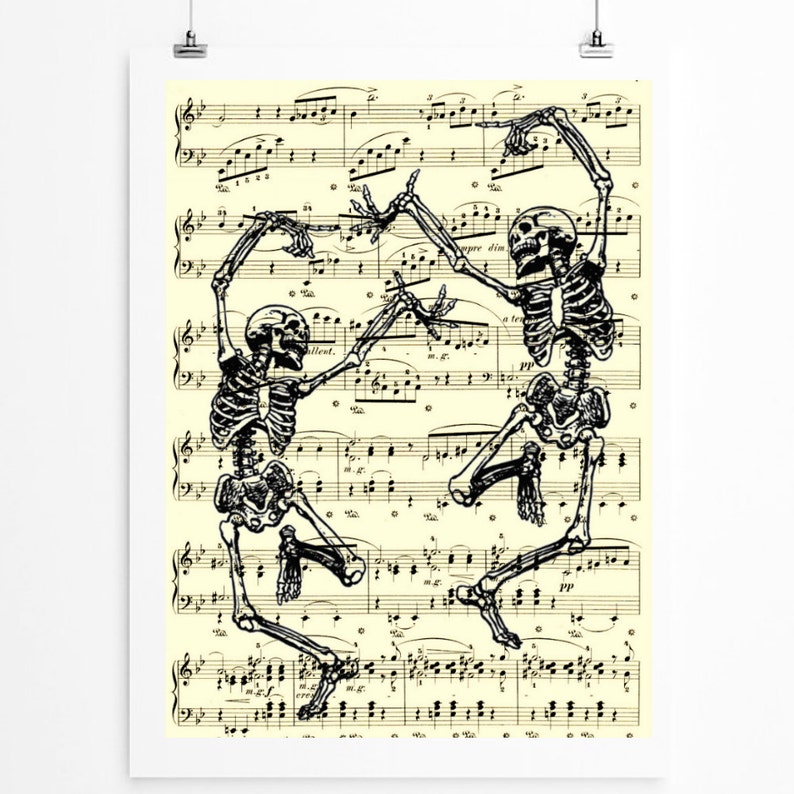 Dancing Skeletons Illustration Printed On An Antique Music Page, Gothic Decor Sheet Music, Halloween Party Decor, Dark Academia Art Print image 1