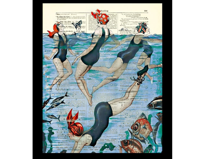Vintage Swimmers Printed On A 125+ Year Old Dictionary Page, Bathroom Decor, Gift For Her, Coastal Wall Decor, Beachy Bathroom Art Print
