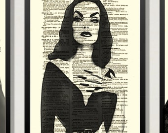 Vampira Printed On Upcycled Antique Dictionary Pages, Gothic Home Decor Dark Romantic Victorian