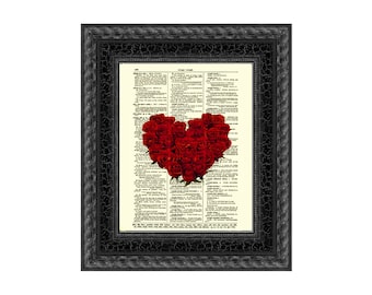 Rose Heart Print on 1897 Dictionary Page: Unique Wall Art