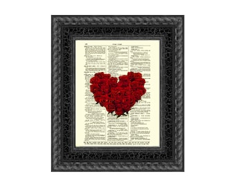 Antique 1897 Dictionary Page Printed With A Rose Heart, One Of A Kind Gift, Unique Wall Decor, Cottagecore Wall Art