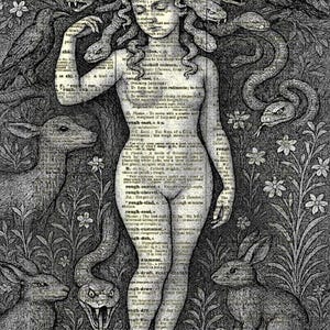 May include: A black and white illustration of Medusa with snakes for hair, surrounded by snakes, rabbits, and birds. The figure is overlaid with text. The artwork has a vintage, gothic aesthetic.