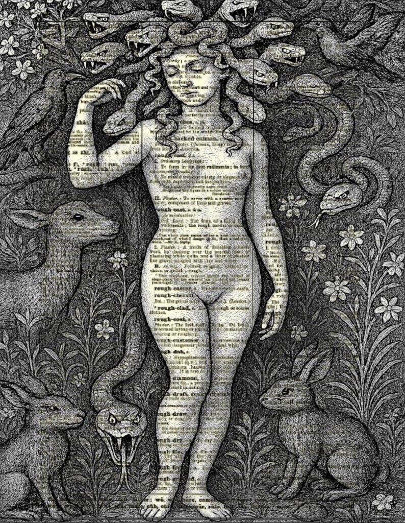 May include: A black and white illustration of Medusa with snakes for hair, surrounded by snakes, rabbits, and birds. The figure is overlaid with text. The artwork has a vintage, gothic aesthetic.