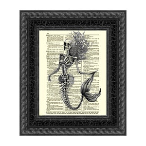 Mermaid Skeleton Print: Gothic Halloween Decor on Antique Dictionary Page