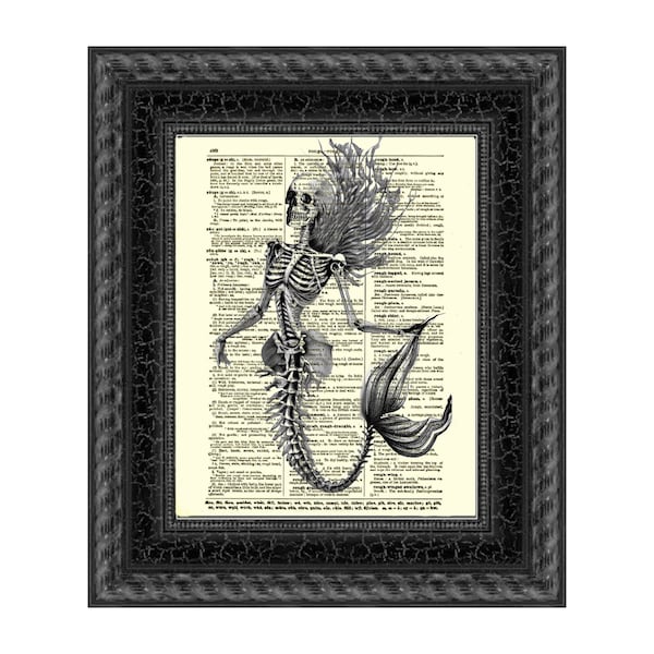 Mermaid Skeleton Printed On A 125+ Year Old Dictionary Page, Gothic Home Decor, Dark Academia, Spooky Halloween Wall Art, Creepy Cottagecore