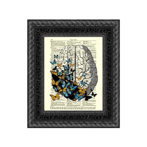 Brain And Butterflies Art Collage Printed On A 125+ Year Old Dictionary Page Blue And Orange Butterflies With Brain Anatomy