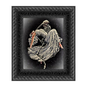 May include: A framed print of a woman in a white dress being held by a skeleton. The background is a dark gray with a vintage book page texture.