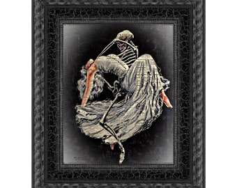 Death Dancers Skeleton With Beauty Printed On An Antique Dictionary Page, Danse Macabre, Memento Mori, Victorian Gothic Halloween Decor