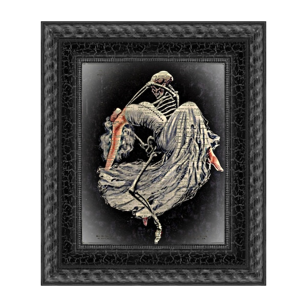 Death Dancers Skeleton With Beauty Printed On An Antique Dictionary Page, Danse Macabre, Memento Mori, Victorian Gothic Halloween Decor