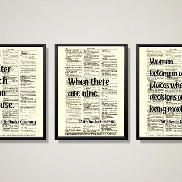 Powerful Feminist Quotes By Ruth Bader Ginsburg Printed On Upcycled Antique Dictionary Pages, RBG, Abortion Rights, Feminist Dissent Art