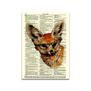 May include: A framed print featuring a whimsical fox illustration wearing glasses, set against a vintage dictionary page background. The fox is depicted with orange and brown fur, a red accent, and its tongue sticking out. The print is a unique piece of wall art.