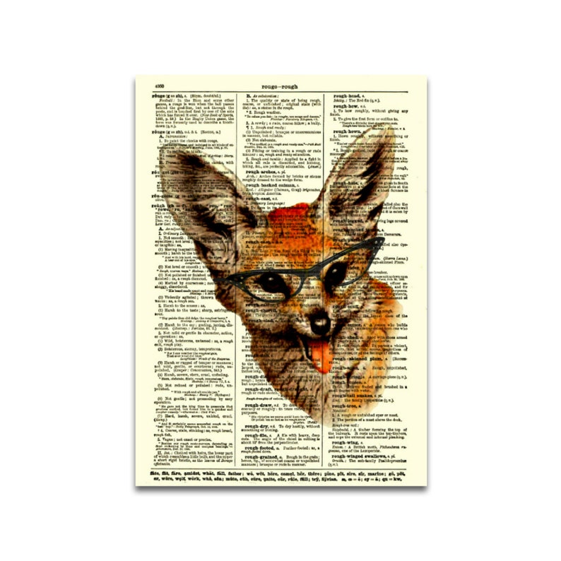 May include: A framed print featuring a whimsical fox illustration wearing glasses, set against a vintage dictionary page background. The fox is depicted with orange and brown fur, a red accent, and its tongue sticking out. The print is a unique piece of wall art.