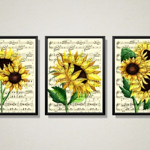 Sunflower Trio Printed On Antique Music Pages, Watercolor Flowers, Yellow Country Farmhouse Kitchen, Nursery Art, Cottagecore, Set of 3