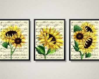 Sunflower Watercolor Print Set: Antique Music Page Art