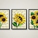 Sunflower Trio Printed On Antique Music Pages, Watercolor Flowers, Yellow Country Farmhouse Kitchen, Nursery Art, Cottagecore, Fall Decor 
