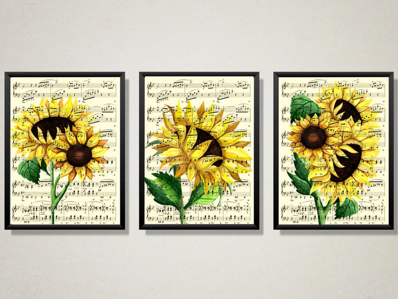 Sunflower Trio Printed On Antique Music Pages, Watercolor Flowers, Yellow Country Farmhouse Kitchen, Nursery Art, Cottagecore, Fall Decor 