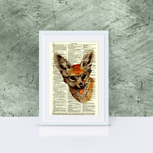 May include: Framed artwork featuring a whimsical fox illustration. The fox, rendered in shades of brown and orange, is adorned with glasses and a small red hat. The artwork is set against a vintage dictionary page background, adding a unique, artistic touch.