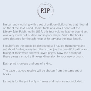 May include: A light blue background with text describing antique dictionary prints. The text includes the words "RIP" and "ReImagination Prints" in a circular logo. The text describes the history of the prints and that each print is unique.