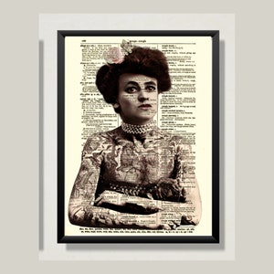 Maud The Tattooed Lady Printed On Antique 125+ Year Old Dictionary Pages, Vintage Woman With Tattoos, Dark Academia Wall Decor, Americana