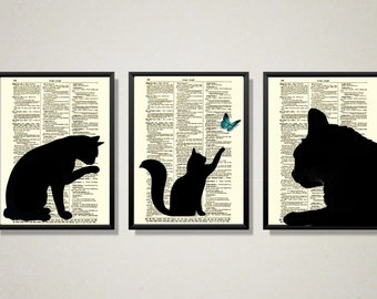 Black Cat Silhouette Trio Printed On Upcycled Antique Dictionary Pages, Cat Lover Gift, Nursery Art, Animal Lover Art, Gift For Her