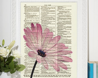 Pink Flower Gerbera Daisy Art Printed On An Upcycled Antique Dictionary Page From 1897