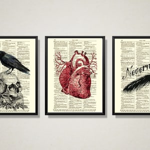 Edgar Allan Poe Artwork Printed On Antique Dictionary Pages, The Raven, Romantic Victorian Gothic Home Decor Art Prints, Dark Academia Art