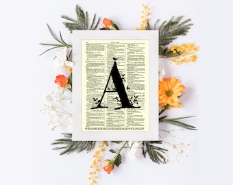 Letter A Monogram With A Modern Twist Printed On A Dictionary Page From 1897, Art Print, Monogram Wall Decor, Housewarming Gift