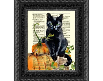 Black Cat & Pumpkins Printed On A 125+ Year Old Dictionary Page, Gothic Home Decor, Dark Academia, Halloween Art Print, Orange Fall Wall Art