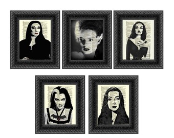 Gothic Women Set of 5 Printed On Antique 125+ Year Old Dictionary Pages, Morticia, Bride of Frankenstein, Lily Munster, Vampira, Gothic Art