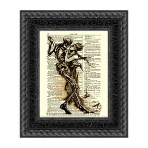 Dances with Death Art Printed On An Antique Dictionary Page, Victorian Macabre Skeleton Print, Gothic Home Decor, Dark Academia, Valentine