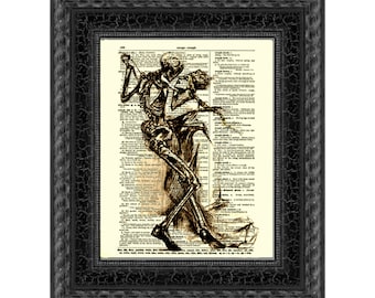 Dances with Death Art Printed On An Antique Dictionary Page Victorian Macabre Skeleton Print Dance Gothic Home Decor Dark Academia Halloween