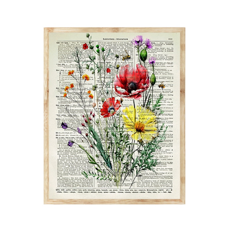 Watercolor Wildflowers Printed On 125 Year Old Dictionary Pages, Colorful Floral Wall Art Set Of 3, Botanical Decor, Farmhouse, Cottagecore image 5