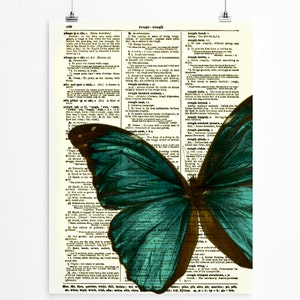 Emerald Green Butterfly Printed On An Antique Dictionary Page 125 Years Old, Blue Green Butterfly, Upcycled Art, Holiday Wall Decor image 3