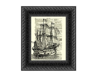 Galleon Ship Vintage Line Art Printed On A 125+ Year Old Antique Dictionary Page, Nautical Theme Decor, Beach Cottage Wall Art, Man Cave