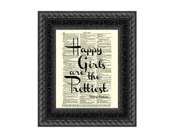 Happy Girls Are The Prettiest Quote Printed On An Upcycled Antique Dictionary Page, Wall Decor, Gift For Her